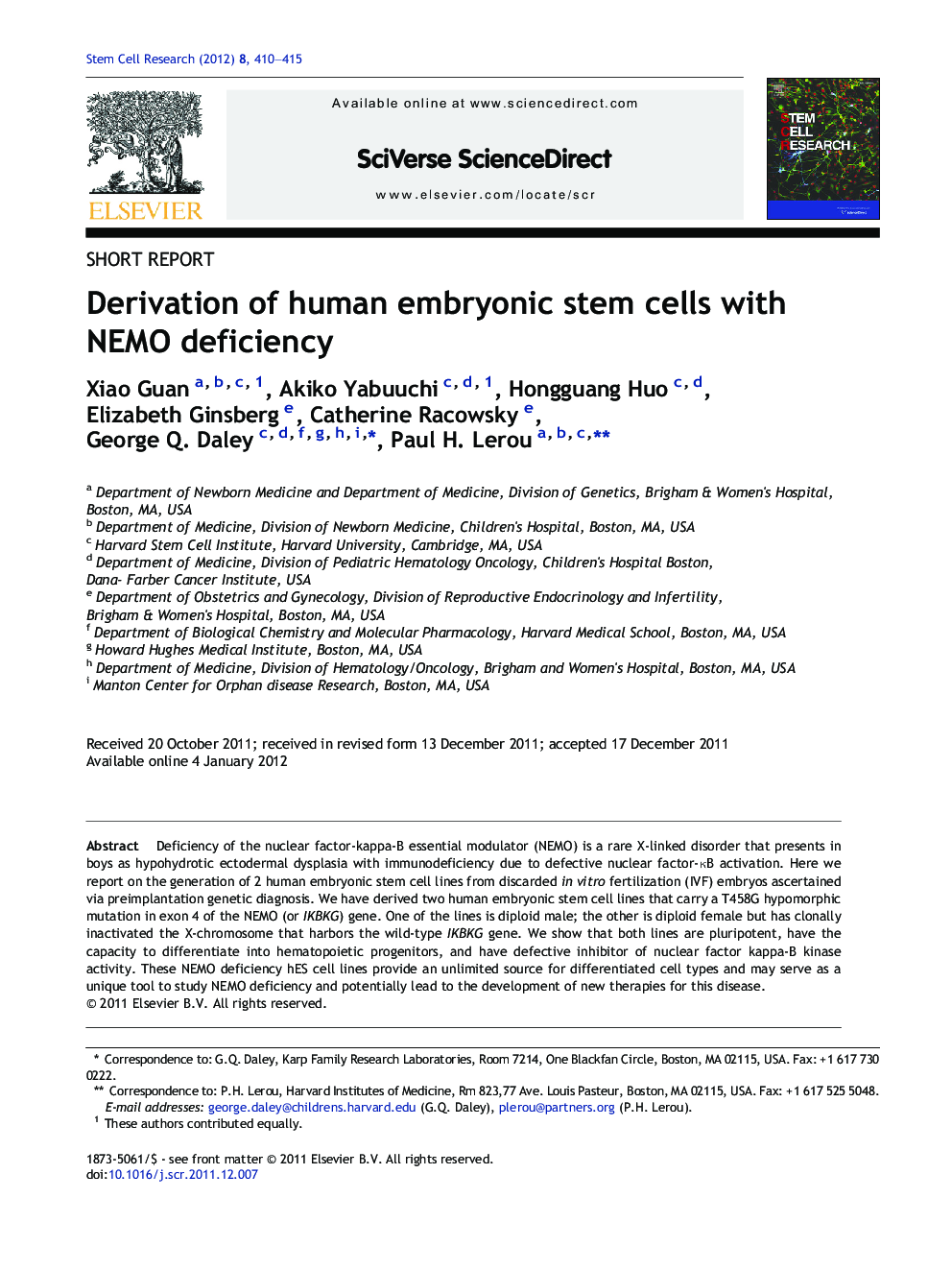 Derivation of human embryonic stem cells with NEMO deficiency