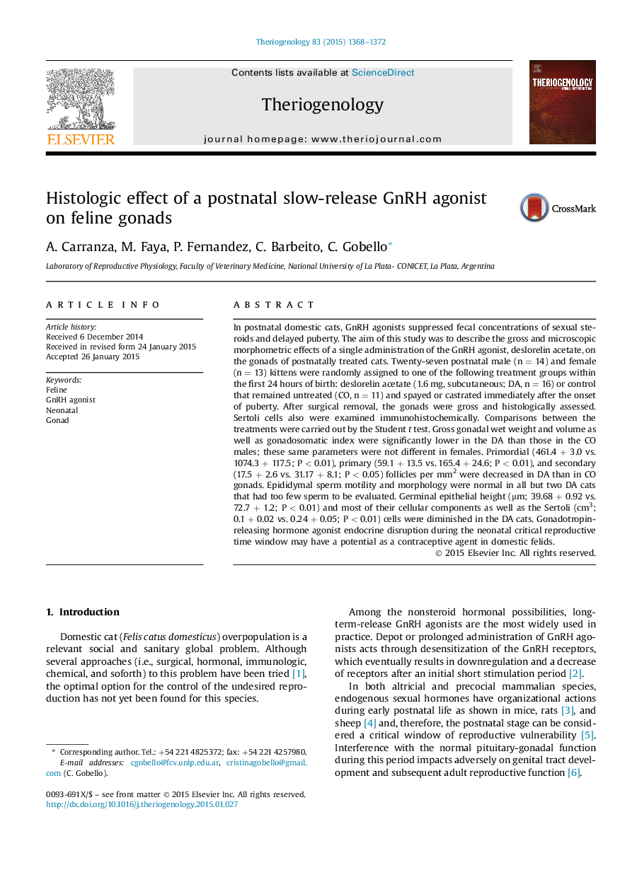 Histologic effect of a postnatal slow-release GnRH agonist on feline gonads