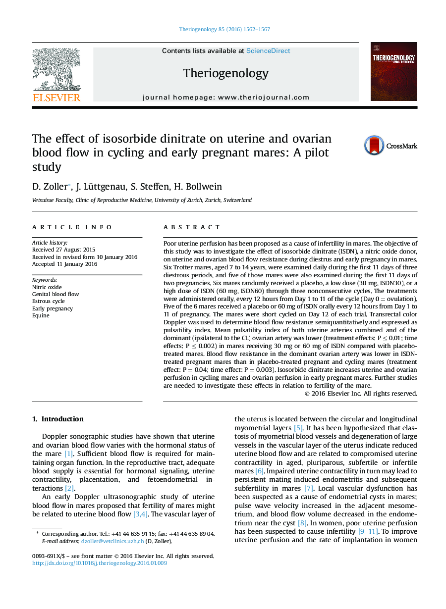 اثر ایزوسورباید dinitrate بر جریان خون رحم و تخمدان در مادیان باردار اولیه و دوره ای: یک مطالعه مقدماتی