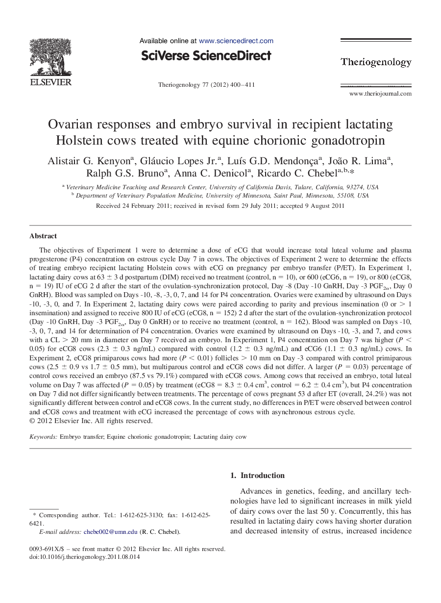 Ovarian responses and embryo survival in recipient lactating Holstein cows treated with equine chorionic gonadotropin