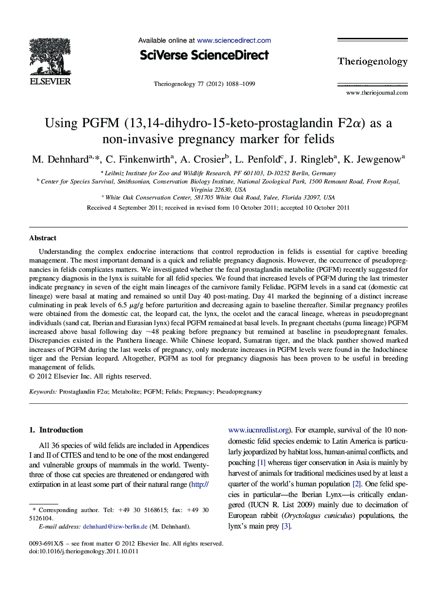 Using PGFM (13,14-dihydro-15-keto-prostaglandin F2α) as a non-invasive pregnancy marker for felids