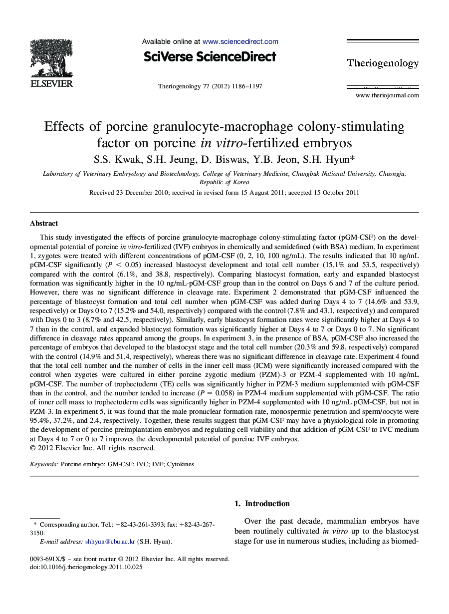 Effects of porcine granulocyte-macrophage colony-stimulating factor on porcine in vitro-fertilized embryos