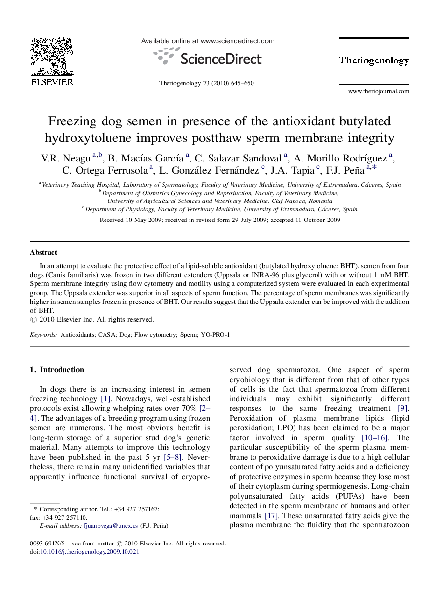 Freezing dog semen in presence of the antioxidant butylated hydroxytoluene improves postthaw sperm membrane integrity