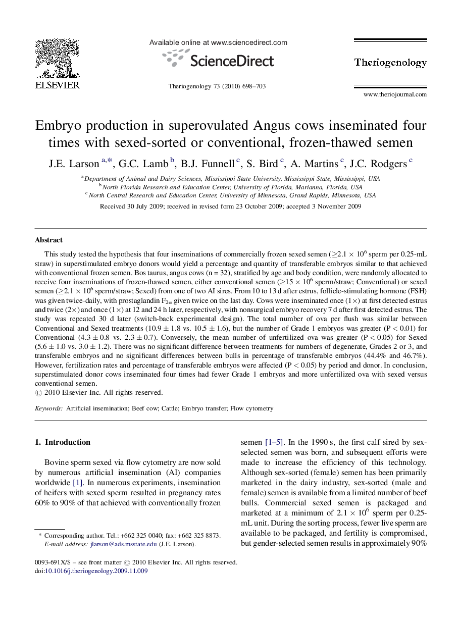 Embryo production in superovulated Angus cows inseminated four times with sexed-sorted or conventional, frozen-thawed semen