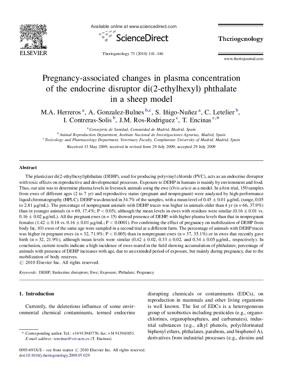 Pregnancy-associated changes in plasma concentration of the endocrine disruptor di(2-ethylhexyl) phthalate in a sheep model