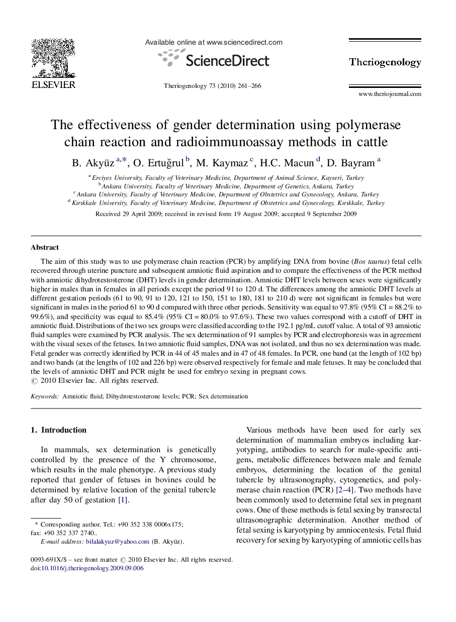 The effectiveness of gender determination using polymerase chain reaction and radioimmunoassay methods in cattle