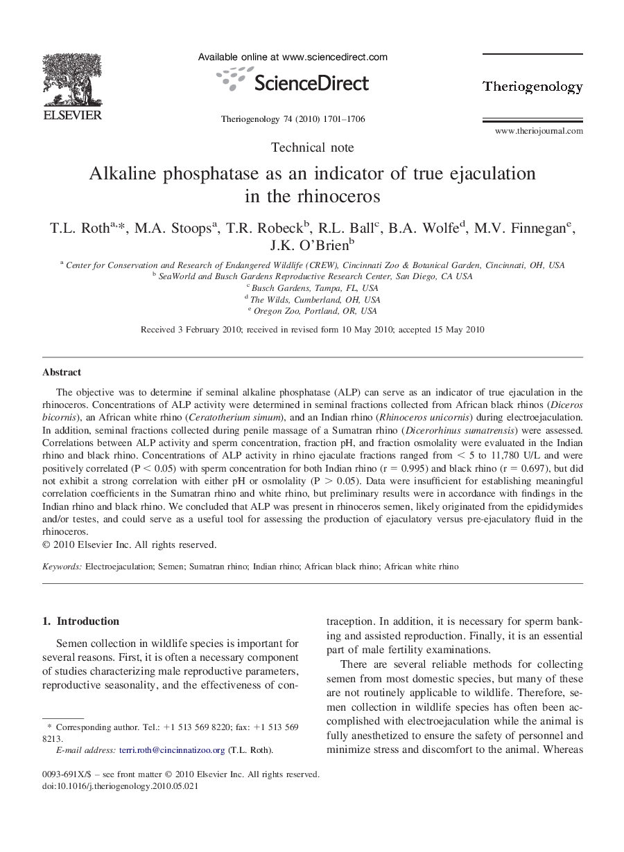 Alkaline phosphatase as an indicator of true ejaculation in the rhinoceros