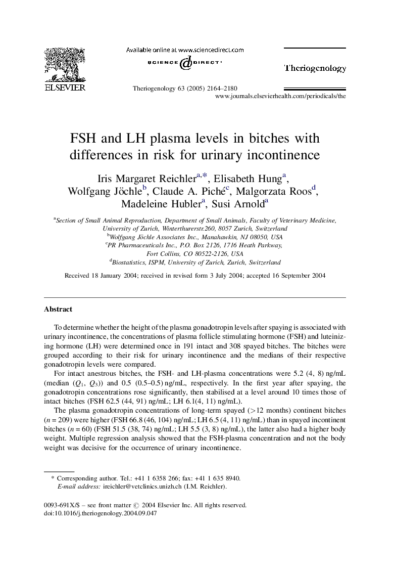 FSH and LH plasma levels in bitches with differences in risk for urinary incontinence