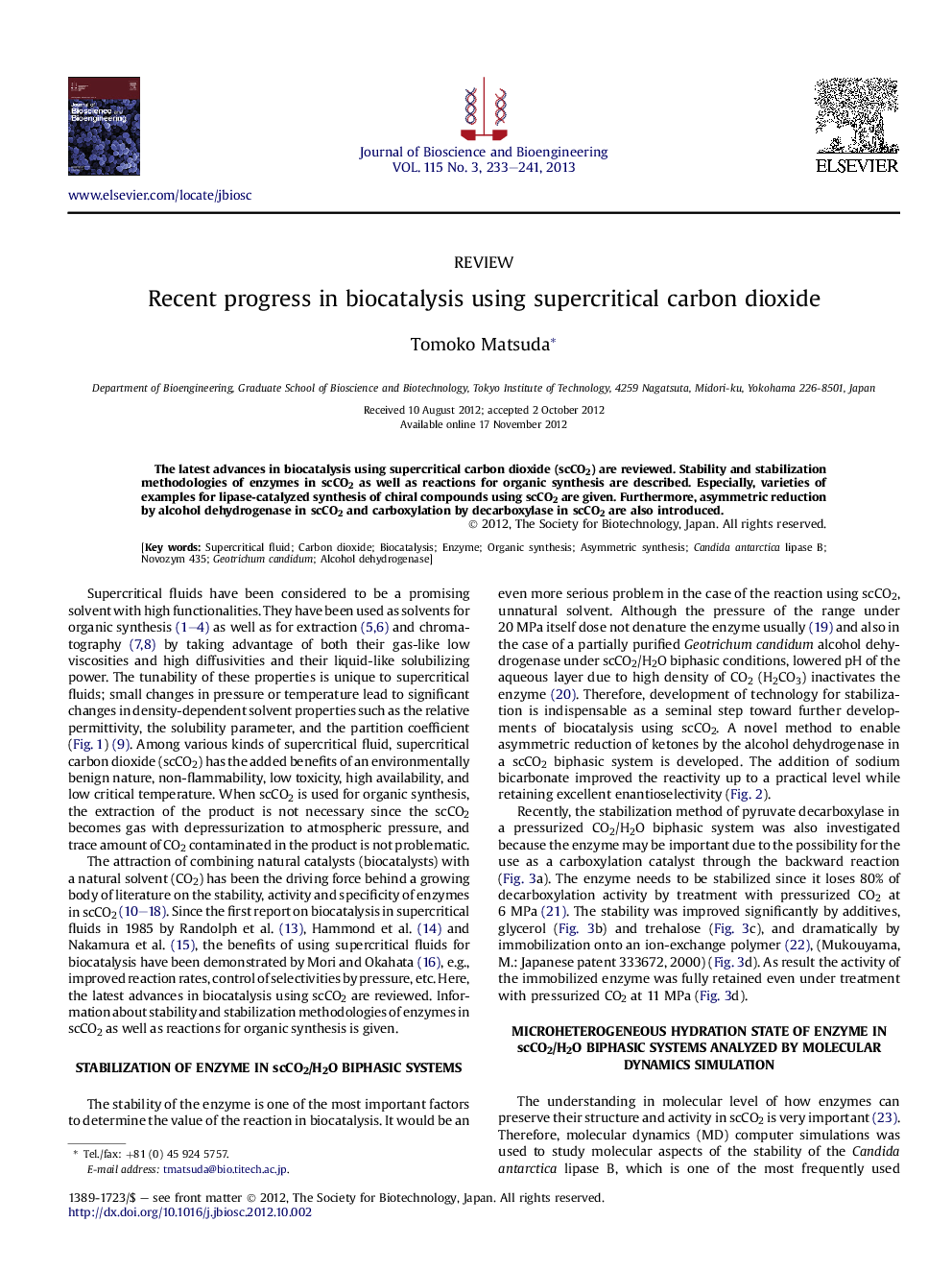 Recent progress in biocatalysis using supercritical carbon dioxide