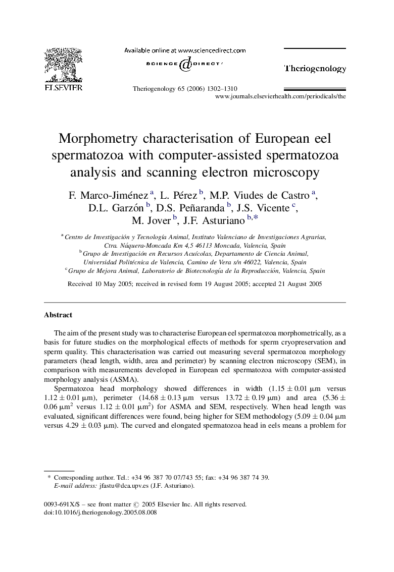 Morphometry characterisation of European eel spermatozoa with computer-assisted spermatozoa analysis and scanning electron microscopy