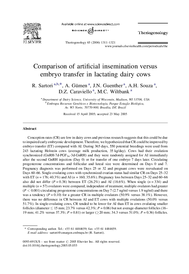 Comparison of artificial insemination versus embryo transfer in lactating dairy cows