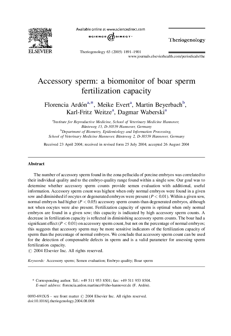Accessory sperm: a biomonitor of boar sperm fertilization capacity