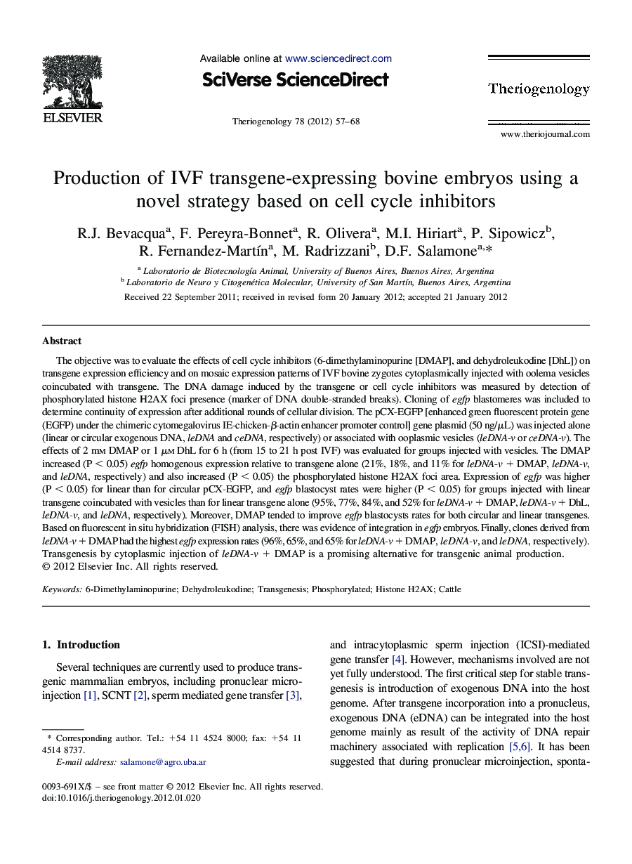 Production of IVF transgene-expressing bovine embryos using a novel strategy based on cell cycle inhibitors