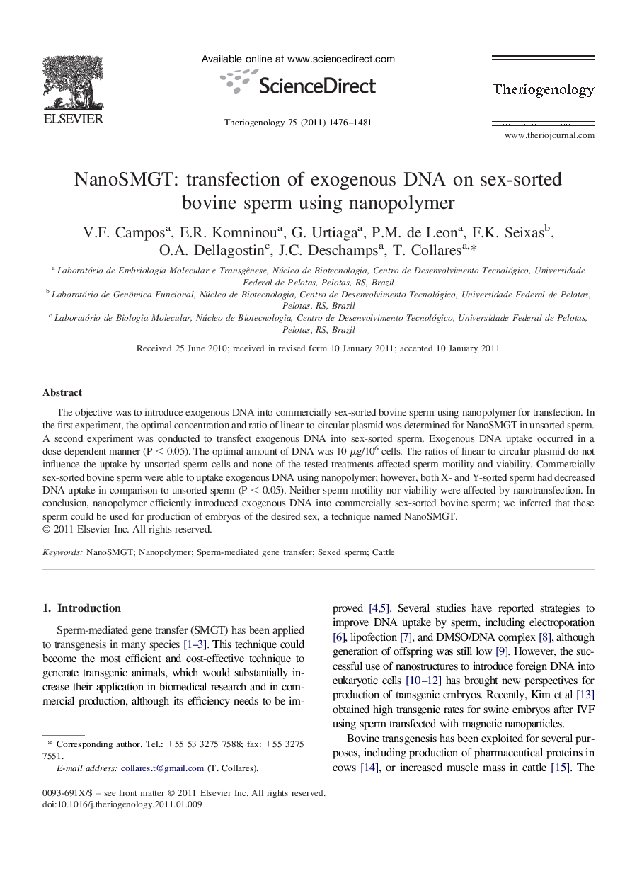 NanoSMGT: transfection of exogenous DNA on sex-sorted bovine sperm using nanopolymer
