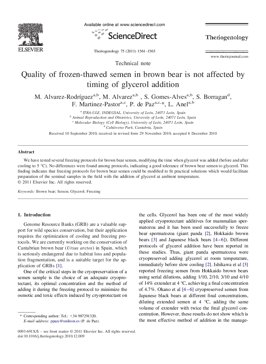 Quality of frozen-thawed semen in brown bear is not affected by timing of glycerol addition