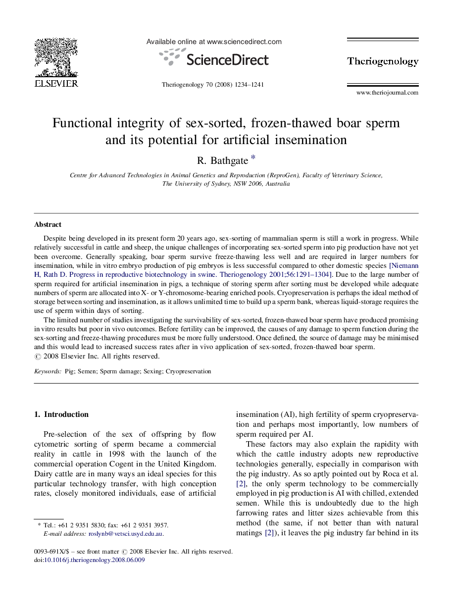 Functional integrity of sex-sorted, frozen-thawed boar sperm and its potential for artificial insemination