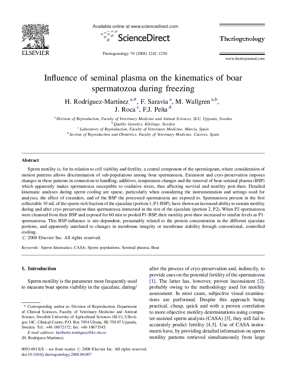 Influence of seminal plasma on the kinematics of boar spermatozoa during freezing
