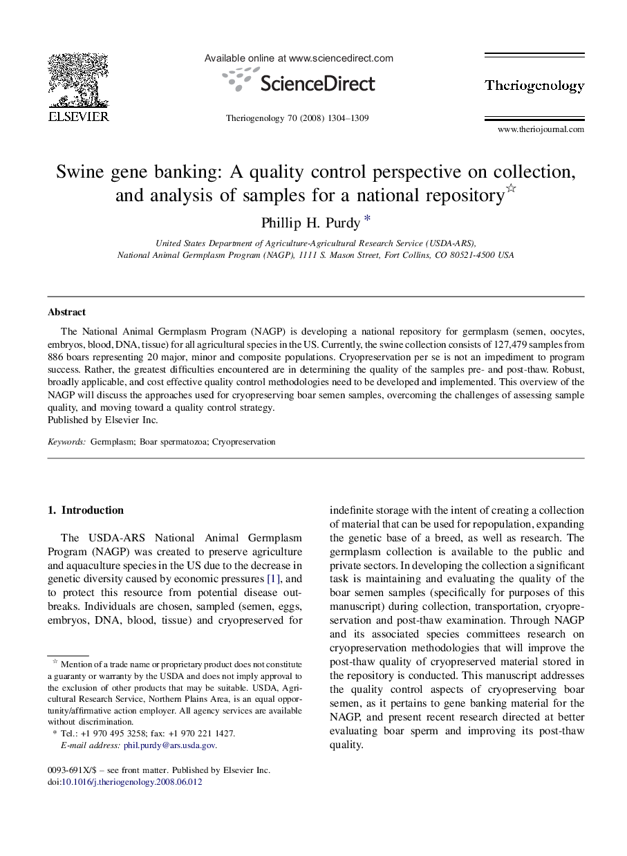 Swine gene banking: A quality control perspective on collection, and analysis of samples for a national repository