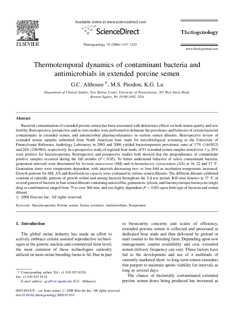 Thermotemporal dynamics of contaminant bacteria and antimicrobials in extended porcine semen