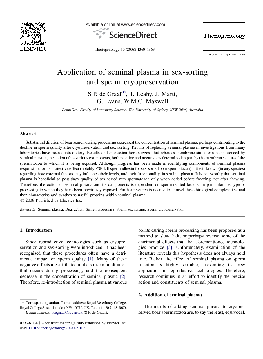 Application of seminal plasma in sex-sorting and sperm cryopreservation