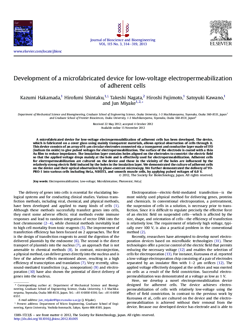 Development of a microfabricated device for low-voltage electropermeabilization of adherent cells