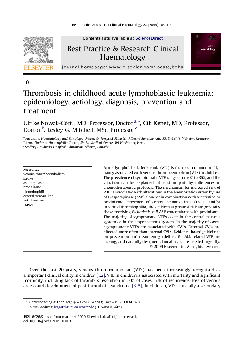 Thrombosis in childhood acute lymphoblastic leukaemia: epidemiology, aetiology, diagnosis, prevention and treatment