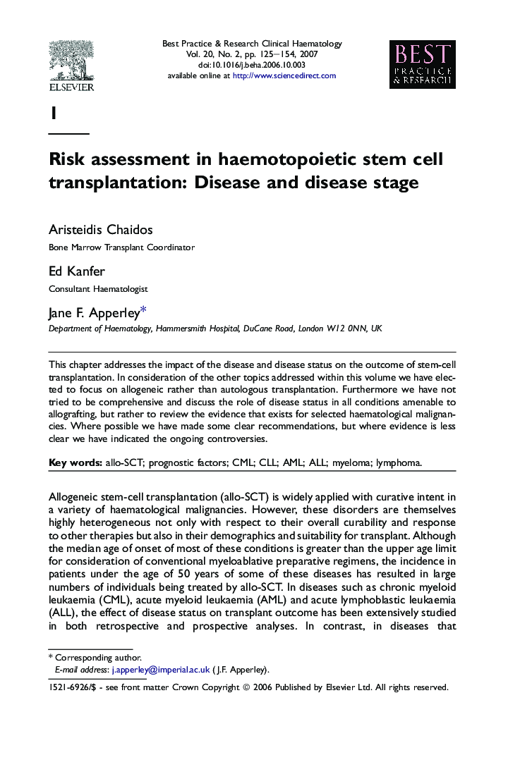 Risk assessment in haemotopoietic stem cell transplantation: Disease and disease stage