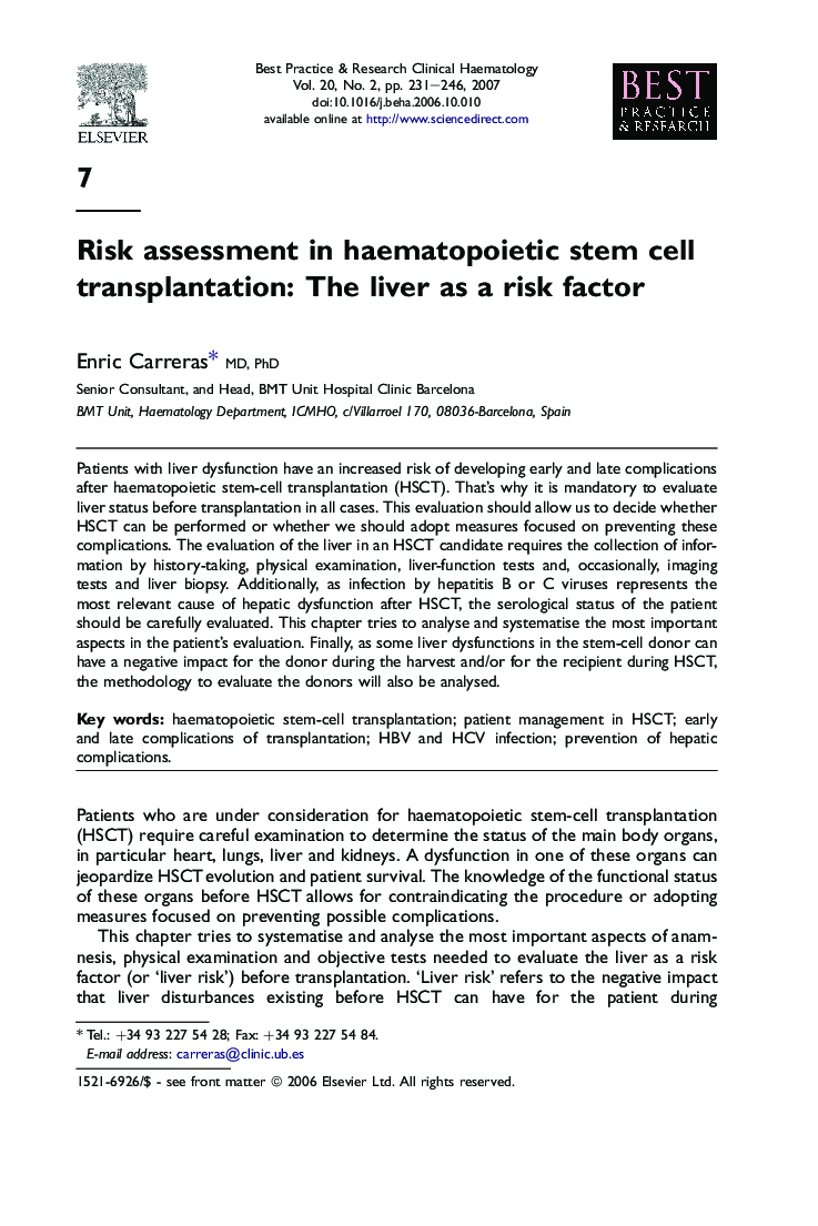 Risk assessment in haematopoietic stem cell transplantation: The liver as a risk factor