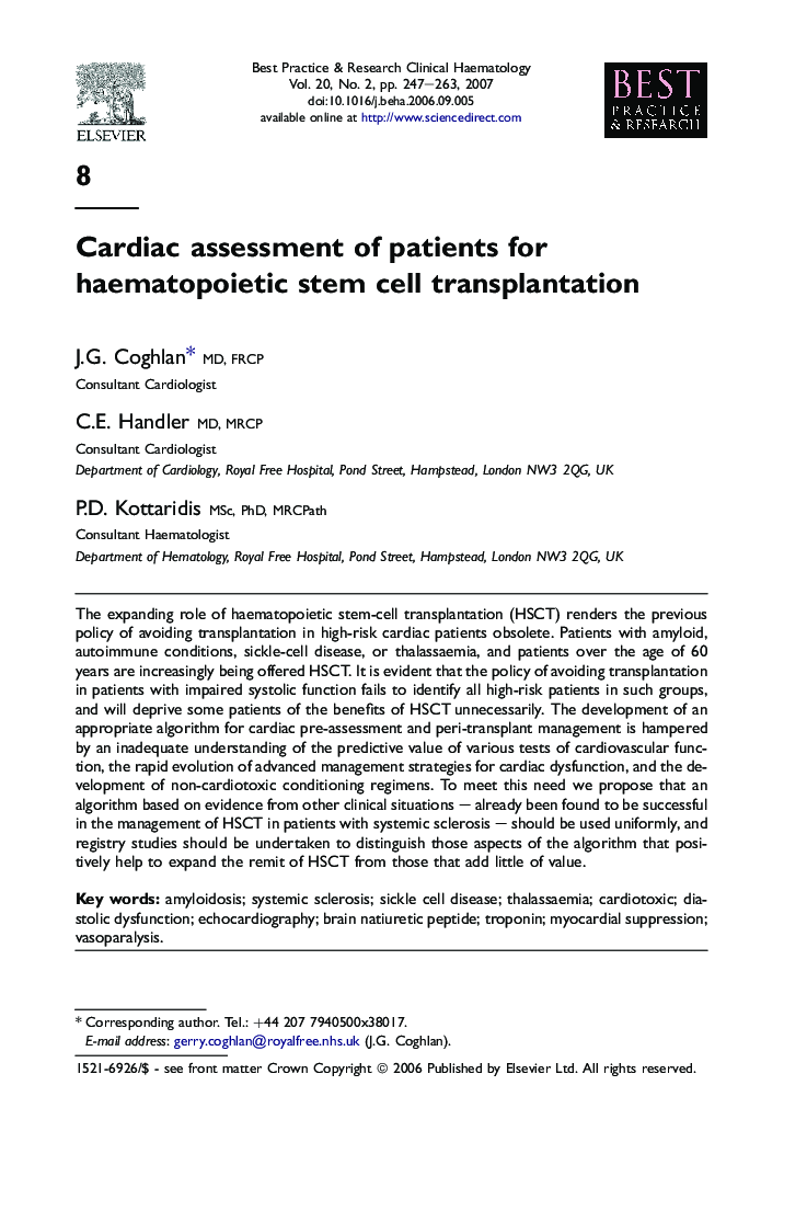 Cardiac assessment of patients for haematopoietic stem cell transplantation