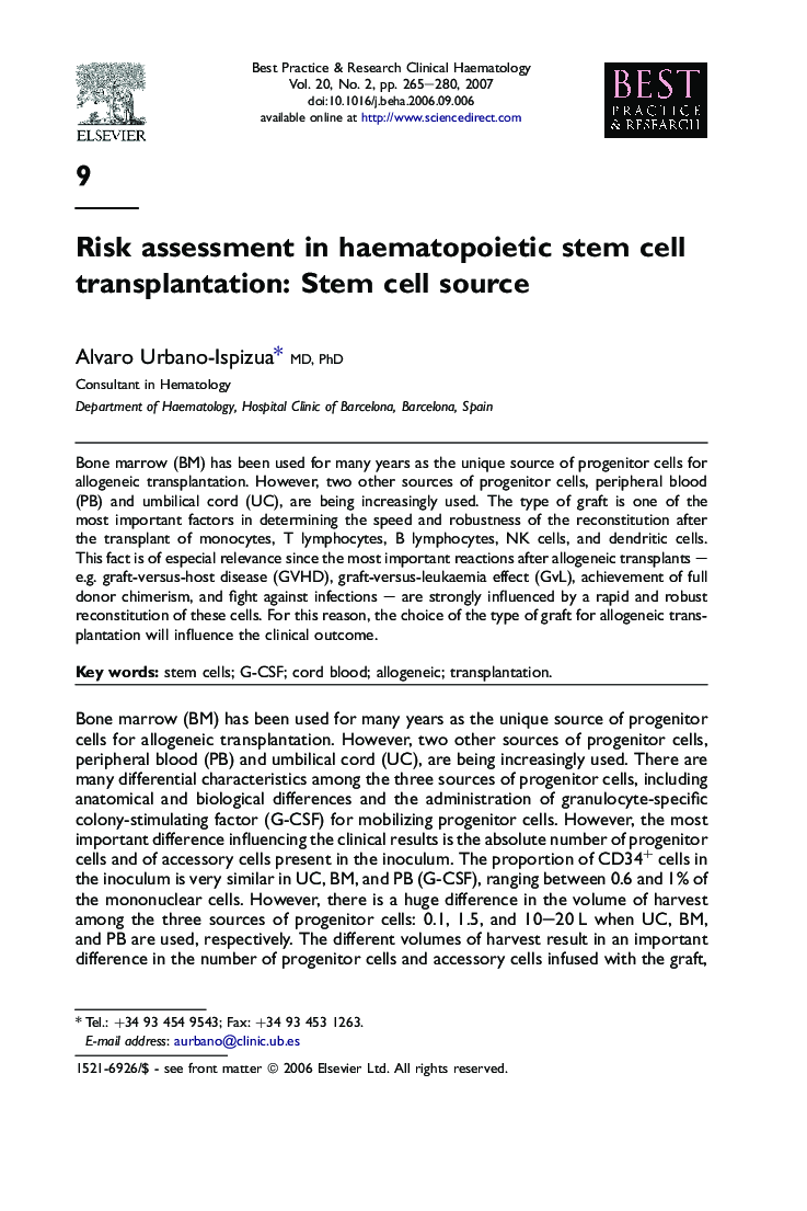 Risk assessment in haematopoietic stem cell transplantation: Stem cell source