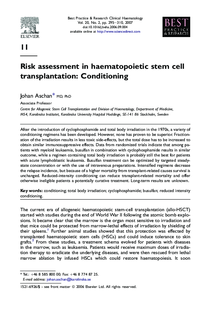Risk assessment in haematopoietic stem cell transplantation: Conditioning