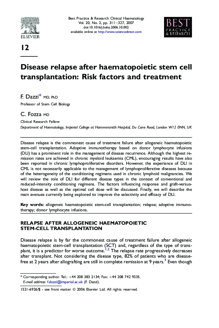 Disease relapse after haematopoietic stem cell transplantation: Risk factors and treatment