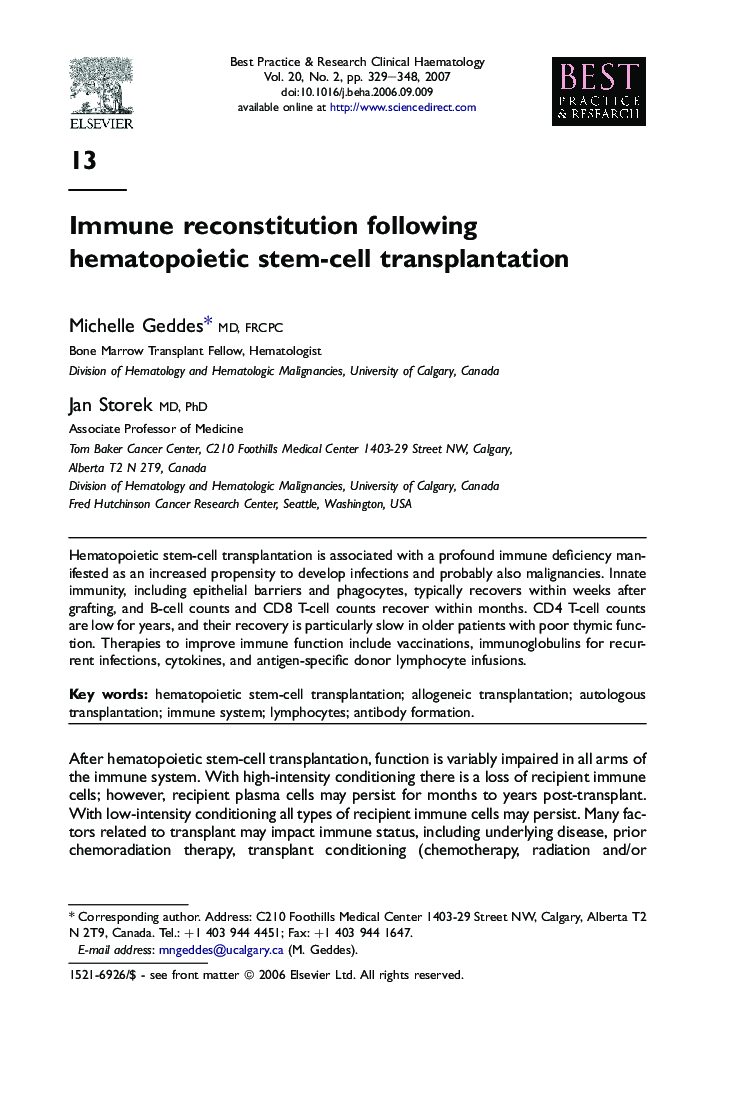 Immune reconstitution following hematopoietic stem-cell transplantation