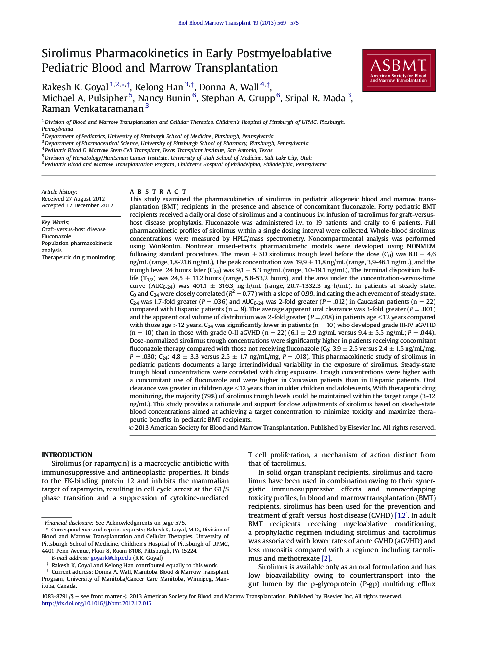 Sirolimus Pharmacokinetics in Early Postmyeloablative Pediatric Blood and Marrow Transplantation 