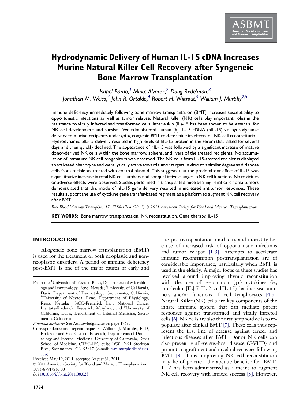 Hydrodynamic Delivery of Human IL-15 cDNA Increases Murine Natural Killer Cell Recovery after Syngeneic Bone Marrow Transplantation 