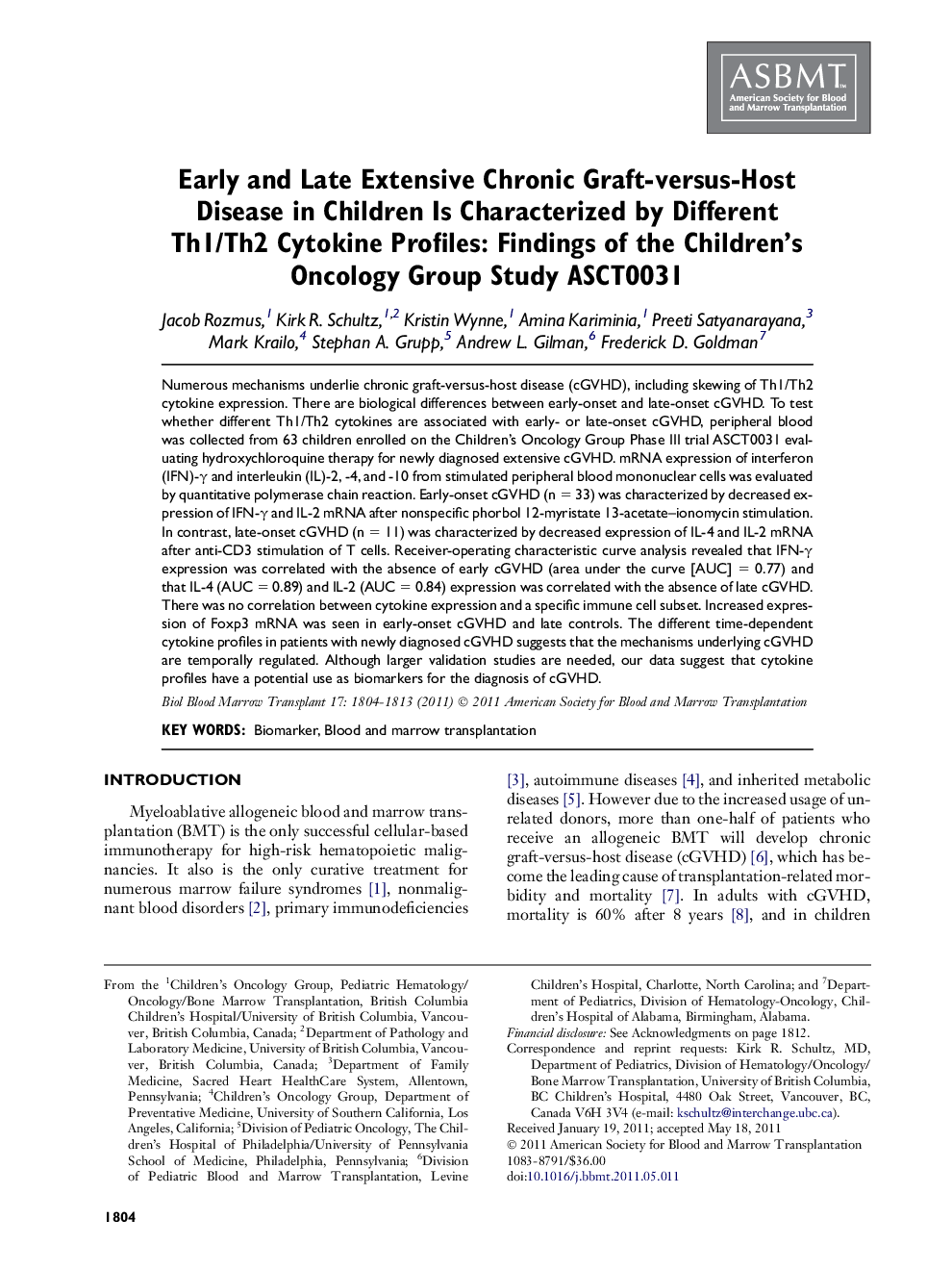 Early and Late Extensive Chronic Graft-versus-Host Disease in Children Is Characterized by Different Th1/Th2 Cytokine Profiles: Findings of the Children's Oncology Group Study ASCT0031 