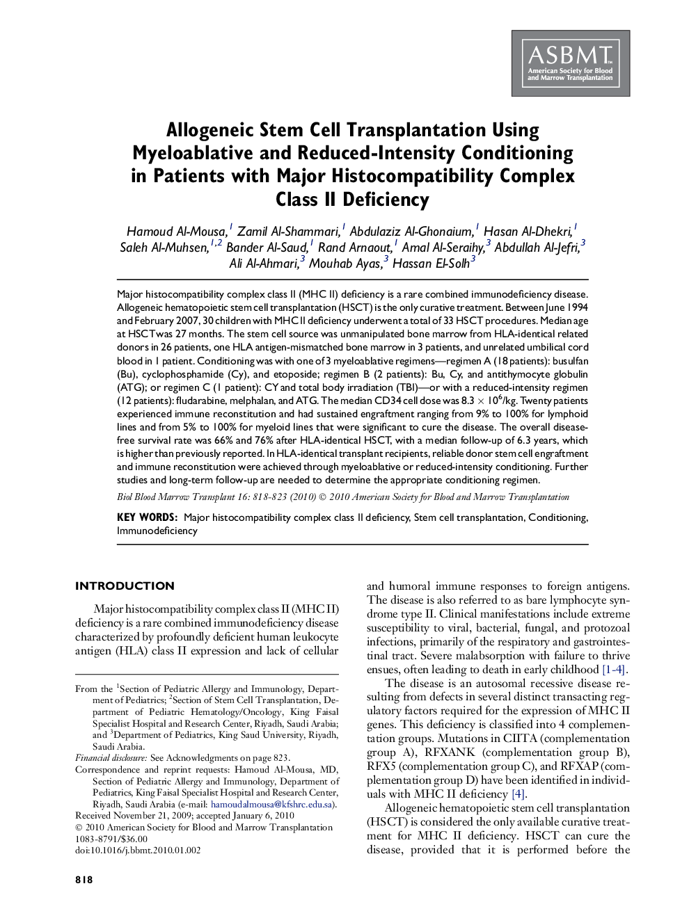 Allogeneic Stem Cell Transplantation Using Myeloablative and Reduced-Intensity Conditioning in Patients with Major Histocompatibility Complex Class II Deficiency 