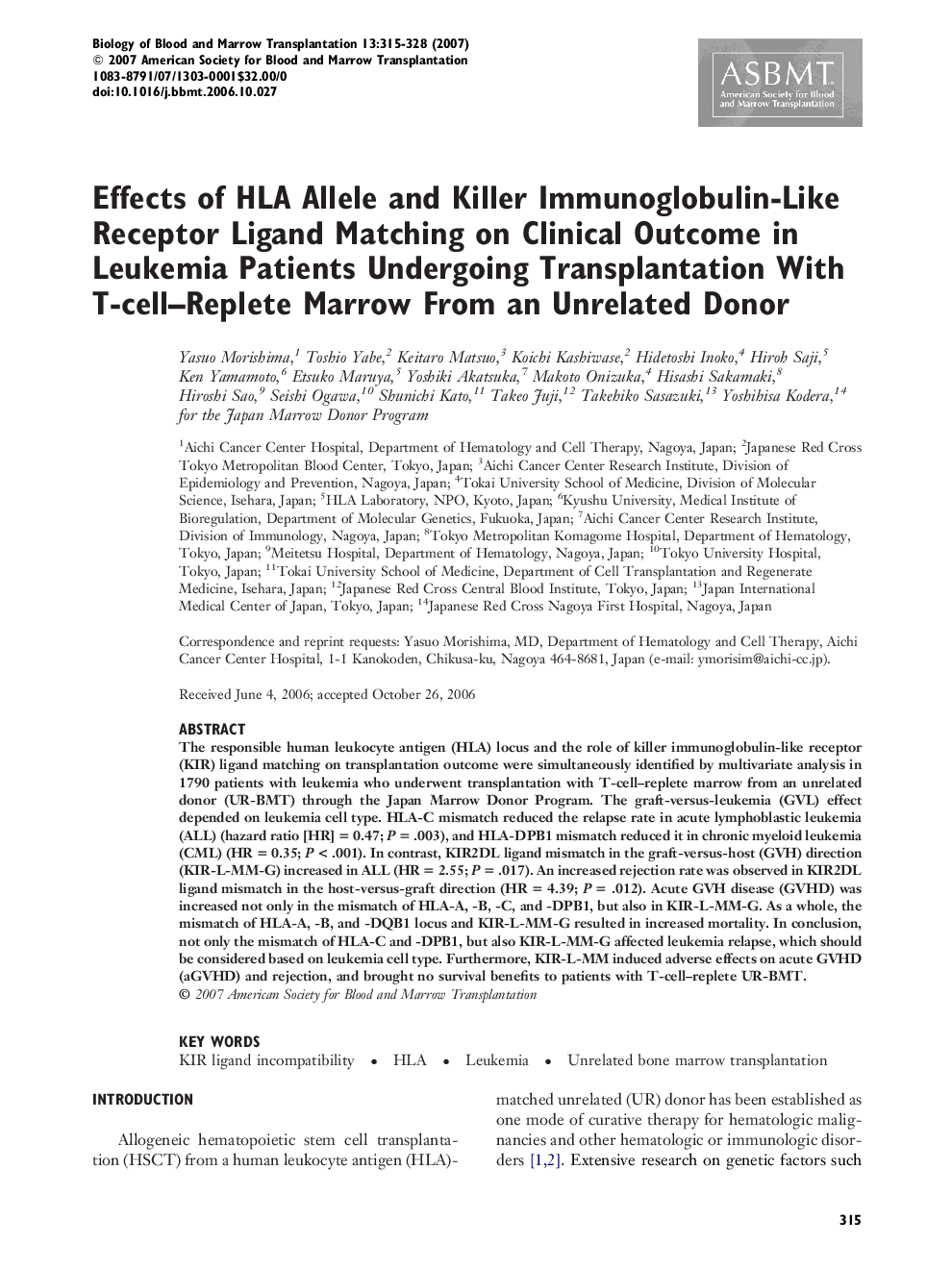 Effects of HLA Allele and Killer Immunoglobulin-Like Receptor Ligand Matching on Clinical Outcome in Leukemia Patients Undergoing Transplantation With T-cell–Replete Marrow From an Unrelated Donor