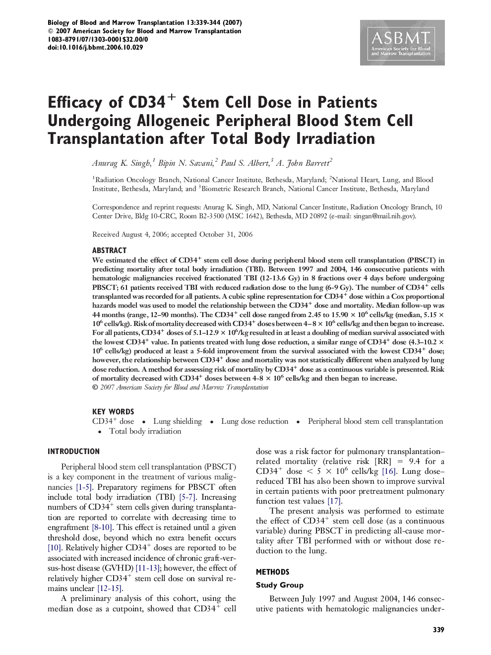 Efficacy of CD34+ Stem Cell Dose in Patients Undergoing Allogeneic Peripheral Blood Stem Cell Transplantation after Total Body Irradiation