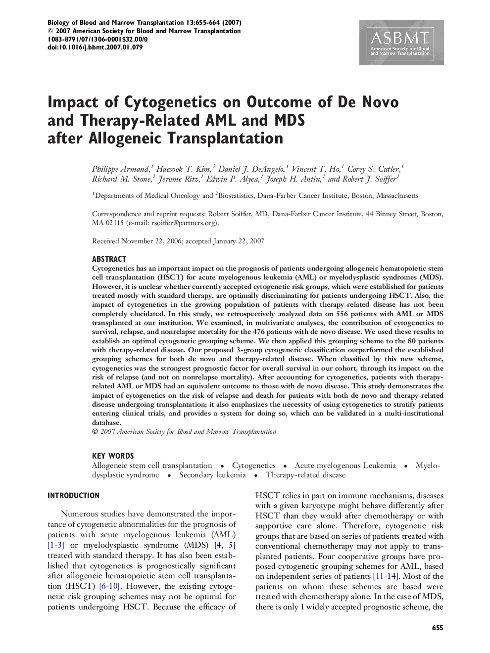 Impact of Cytogenetics on Outcome of De Novo and Therapy-Related AML and MDS after Allogeneic Transplantation