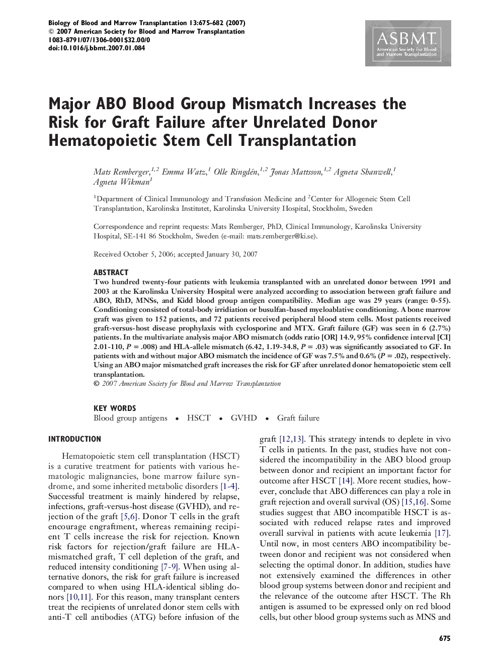 Major ABO Blood Group Mismatch Increases the Risk for Graft Failure after Unrelated Donor Hematopoietic Stem Cell Transplantation