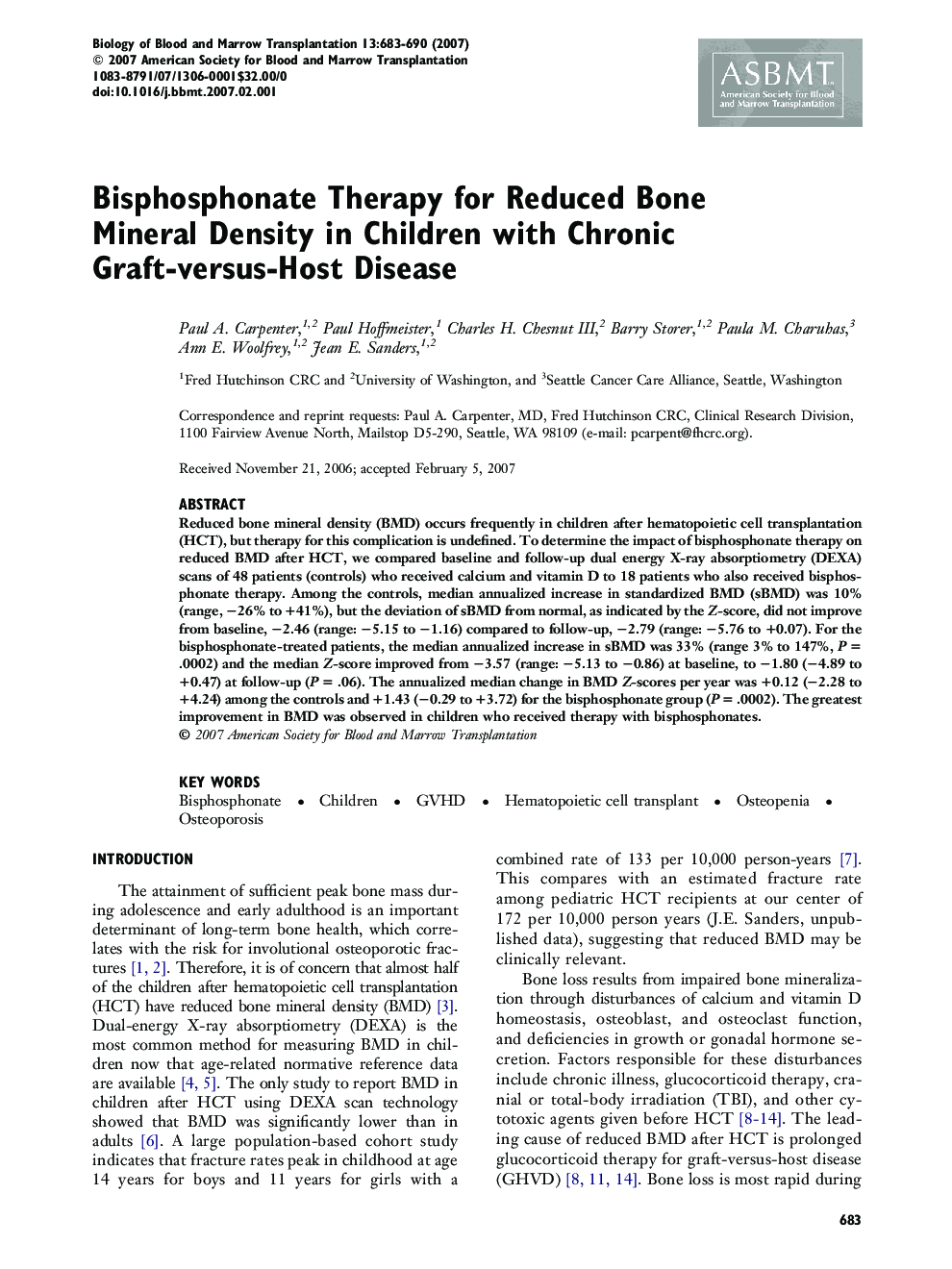 Bisphosphonate Therapy for Reduced Bone Mineral Density in Children with Chronic Graft-versus-Host Disease