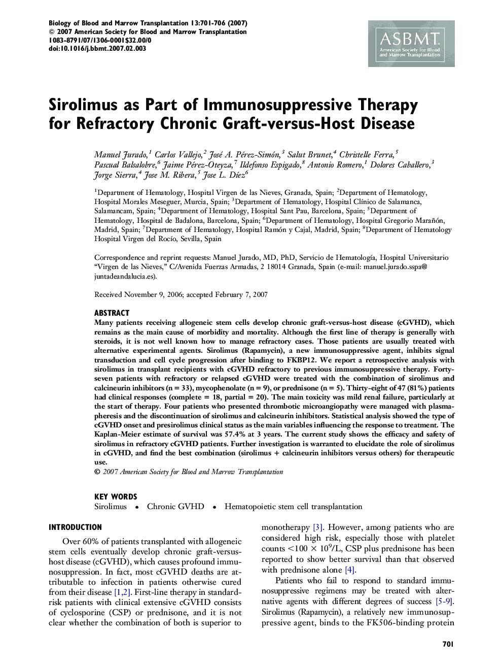 Sirolimus as Part of Immunosuppressive Therapy for Refractory Chronic Graft-versus-Host Disease