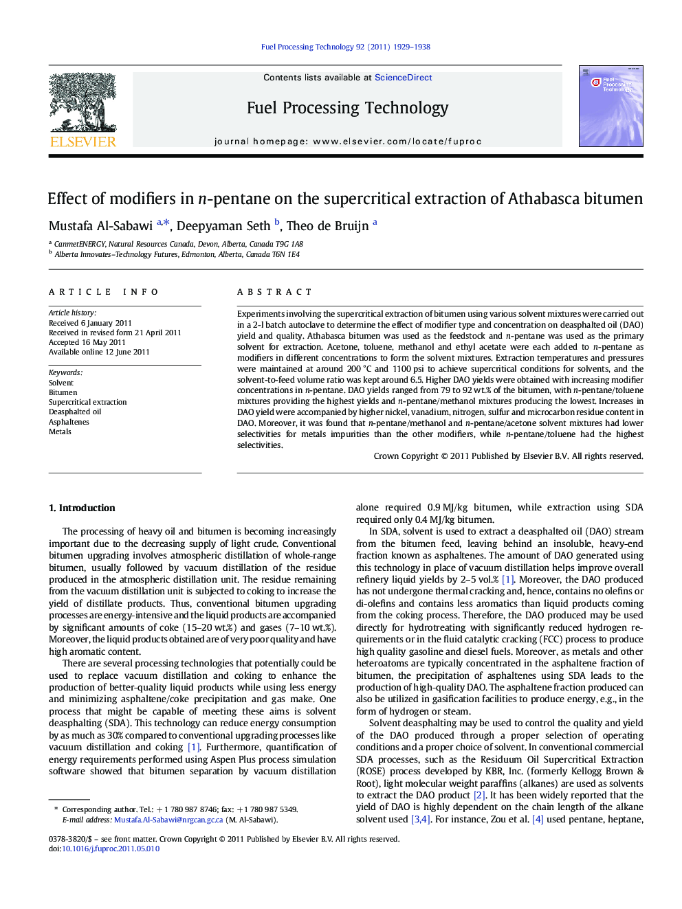 Effect of modifiers in n-pentane on the supercritical extraction of Athabasca bitumen