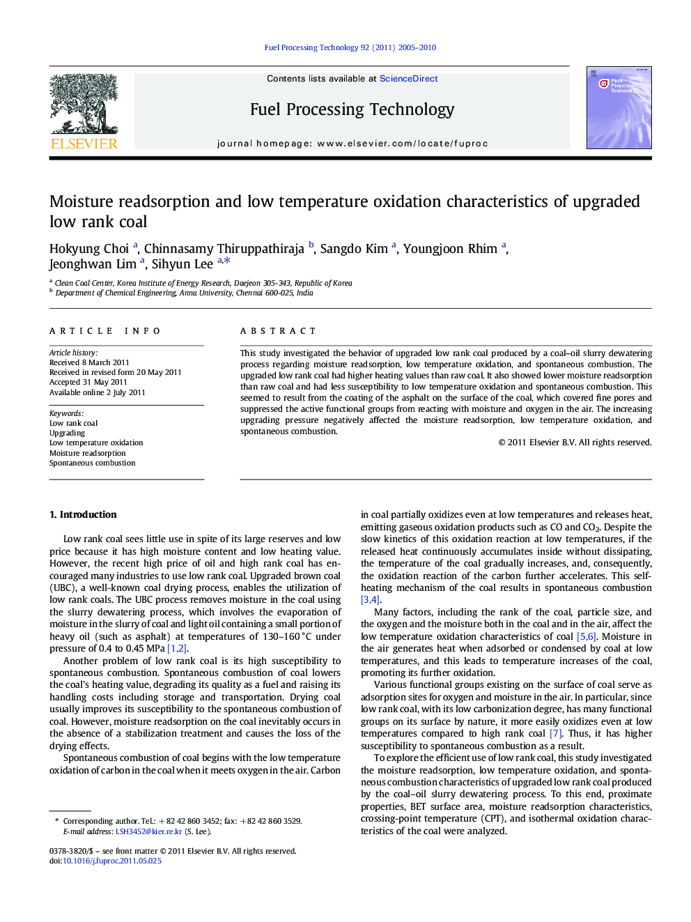 Moisture readsorption and low temperature oxidation characteristics of upgraded low rank coal