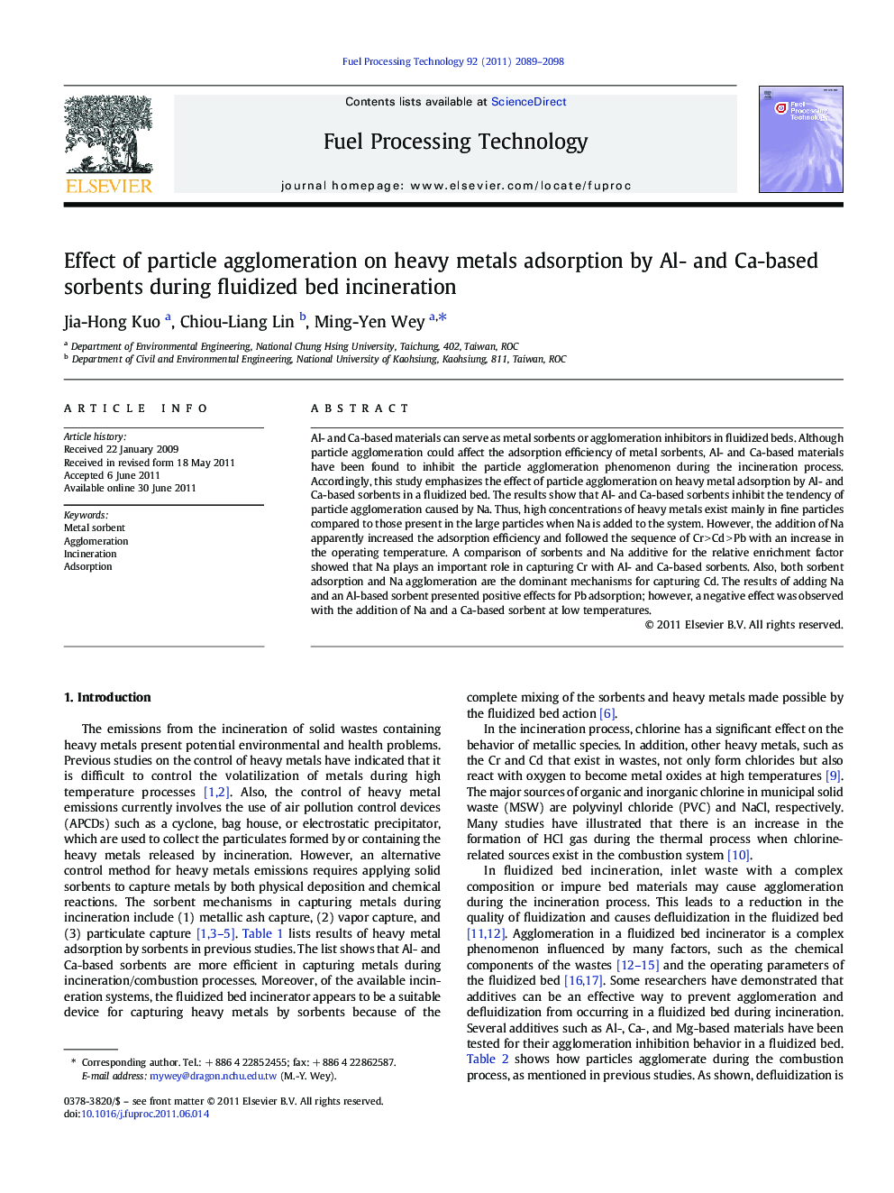 Effect of particle agglomeration on heavy metals adsorption by Al- and Ca-based sorbents during fluidized bed incineration