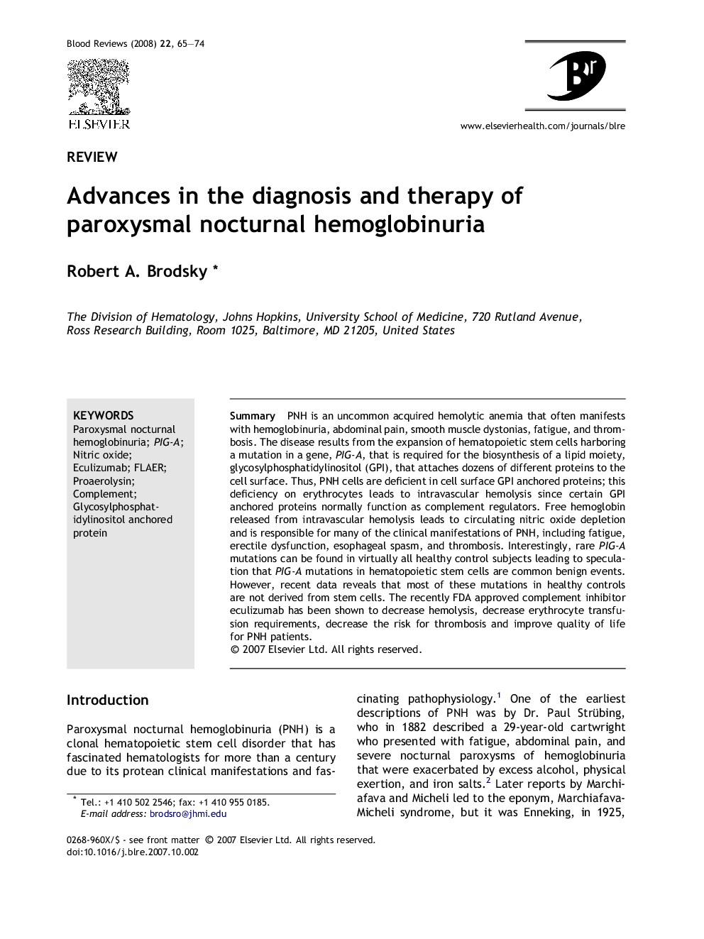 Advances in the diagnosis and therapy of paroxysmal nocturnal hemoglobinuria