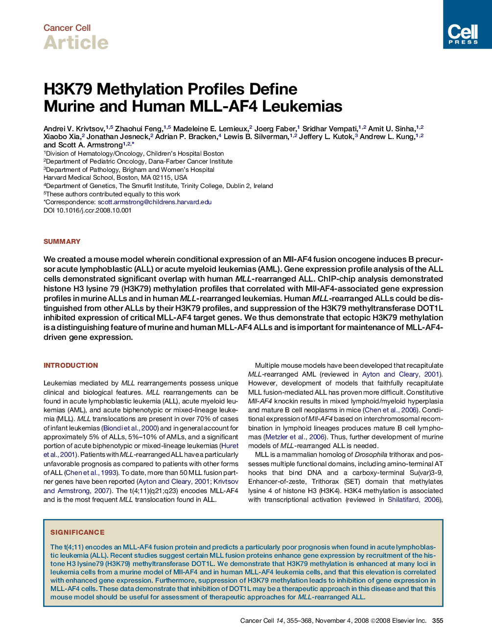 H3K79 Methylation Profiles Define Murine and Human MLL-AF4 Leukemias