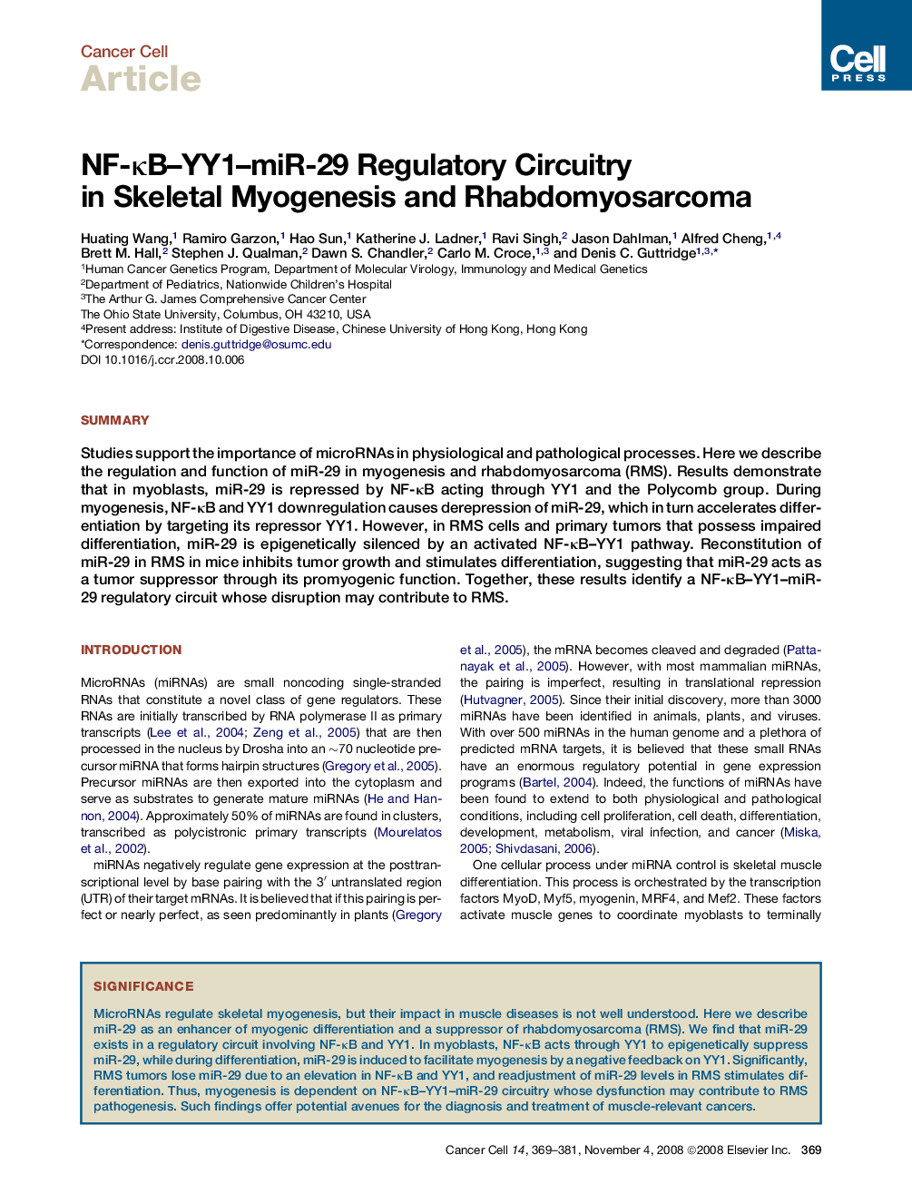 NF-κB–YY1–miR-29 Regulatory Circuitry in Skeletal Myogenesis and Rhabdomyosarcoma