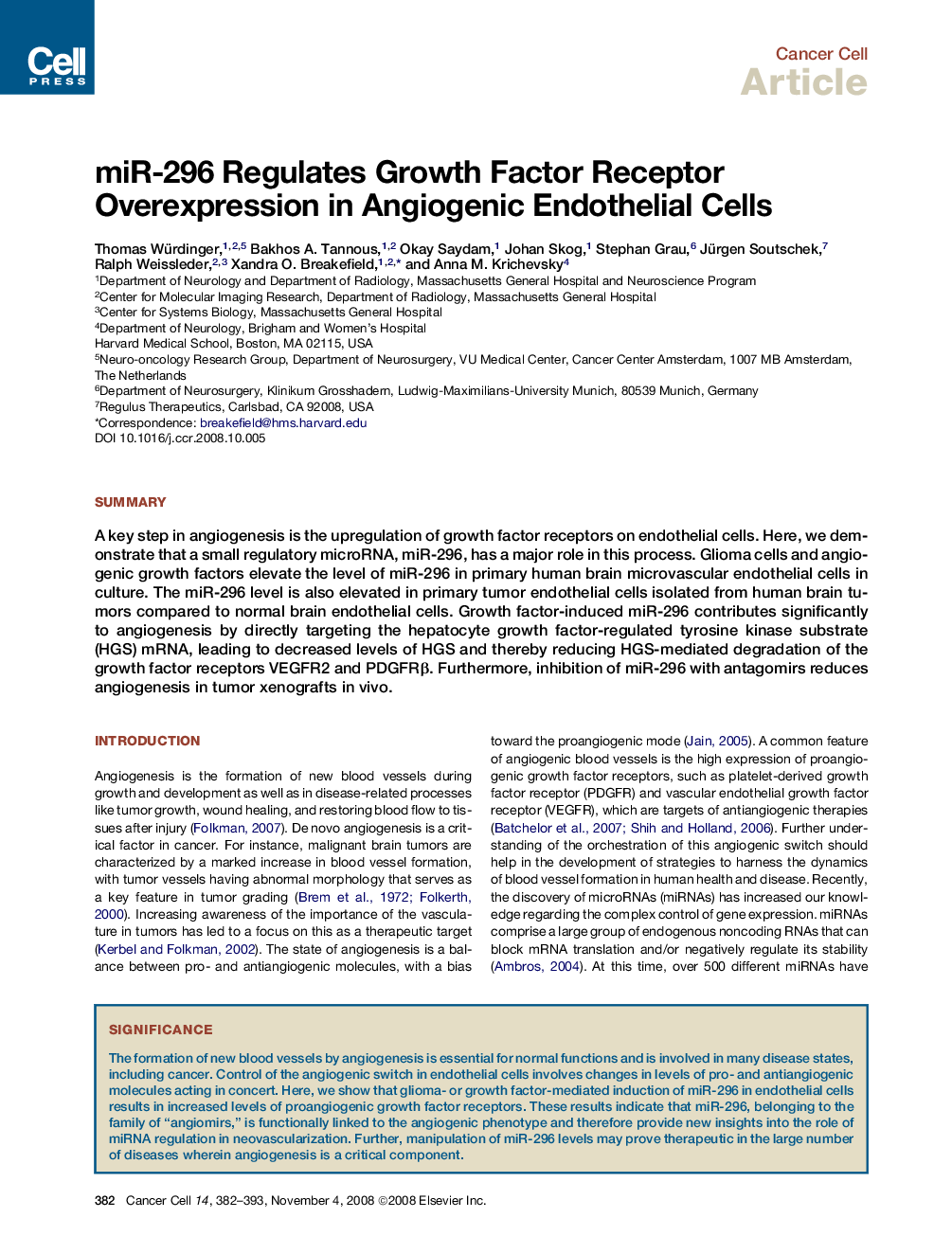 miR-296 Regulates Growth Factor Receptor Overexpression in Angiogenic Endothelial Cells